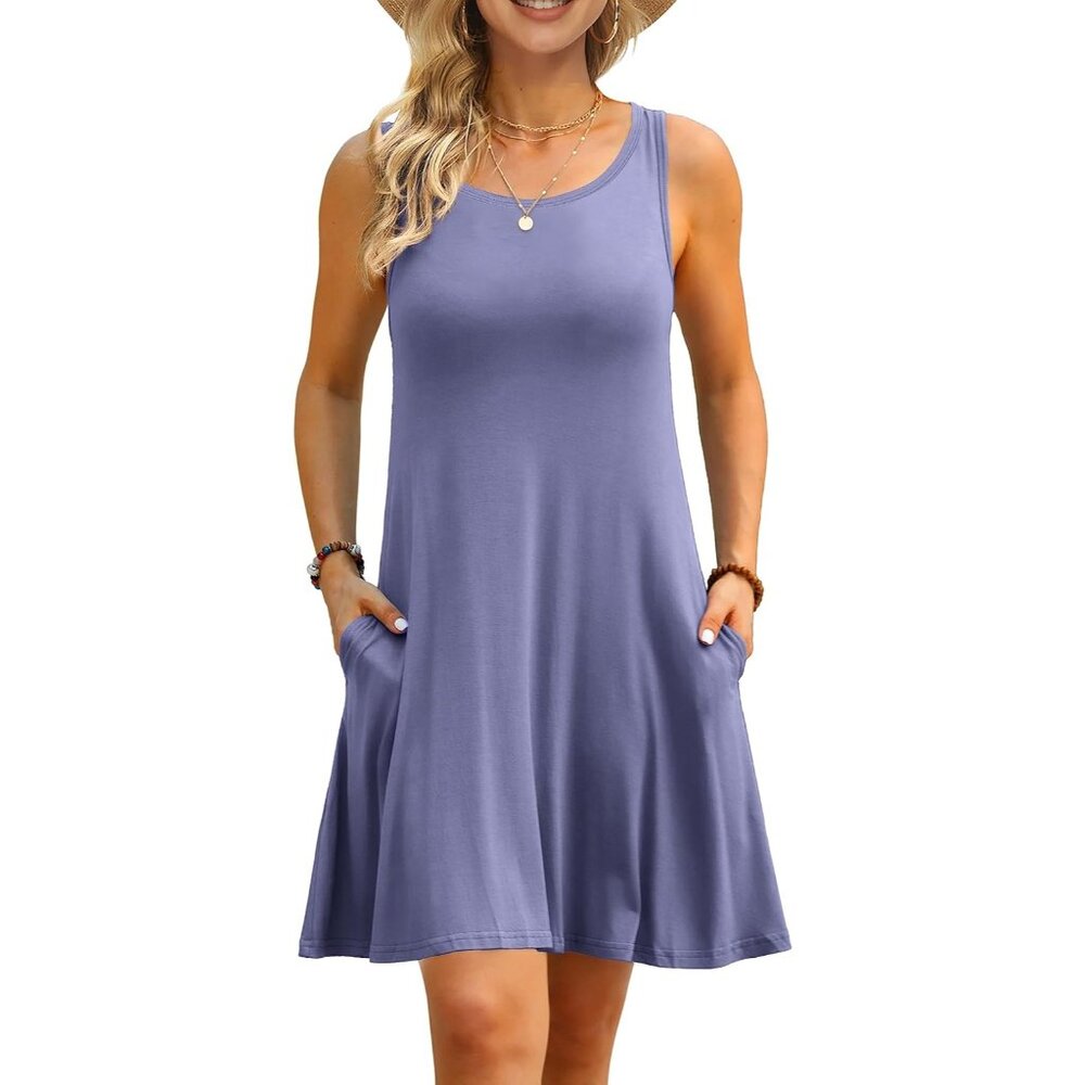 Women Summer Casual T Shirt Dresses Beach Cover up Plain Pleated Tank Dress